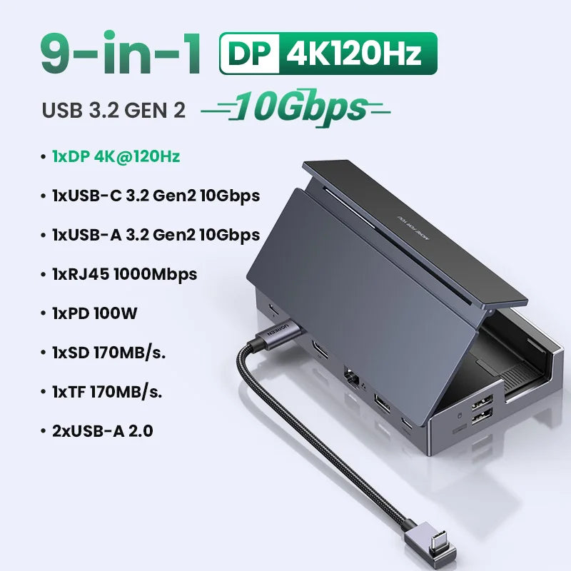 Estación de acoplamiento UGREEN Steam Deck con USB-C de 10 Gbps a DisplayPort 4K 120 Hz, Gigabit RJ45, PD100W y lector de tarjetas TF/SD para PC, iPad, ROG Ally/X, Legion Go