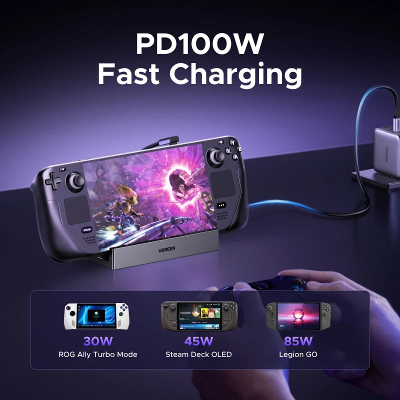 Estación de acoplamiento UGREEN Steam Deck con USB-C de 10 Gbps a DisplayPort 4K 120 Hz, Gigabit RJ45, PD100W y lector de tarjetas TF/SD para PC, iPad, ROG Ally/X, Legion Go
