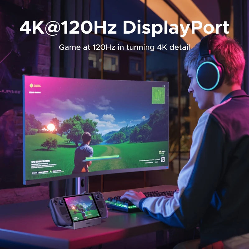 Estación de acoplamiento UGREEN Steam Deck con USB-C de 10 Gbps a DisplayPort 4K 120 Hz, Gigabit RJ45, PD100W y lector de tarjetas TF/SD para PC, iPad, ROG Ally/X, Legion Go
