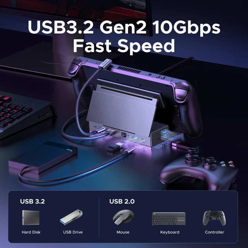 Estación de acoplamiento UGREEN Steam Deck con USB-C de 10 Gbps a DisplayPort 4K 120 Hz, Gigabit RJ45, PD100W y lector de tarjetas TF/SD para PC, iPad, ROG Ally/X, Legion Go