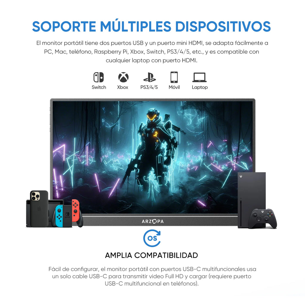 Monitor portátil ARZOPA de 15,6 pulgadas, pantalla externa FHD IPS 1080p, monitor secundario para portátil/Mac, USB-C/HDMI, A1