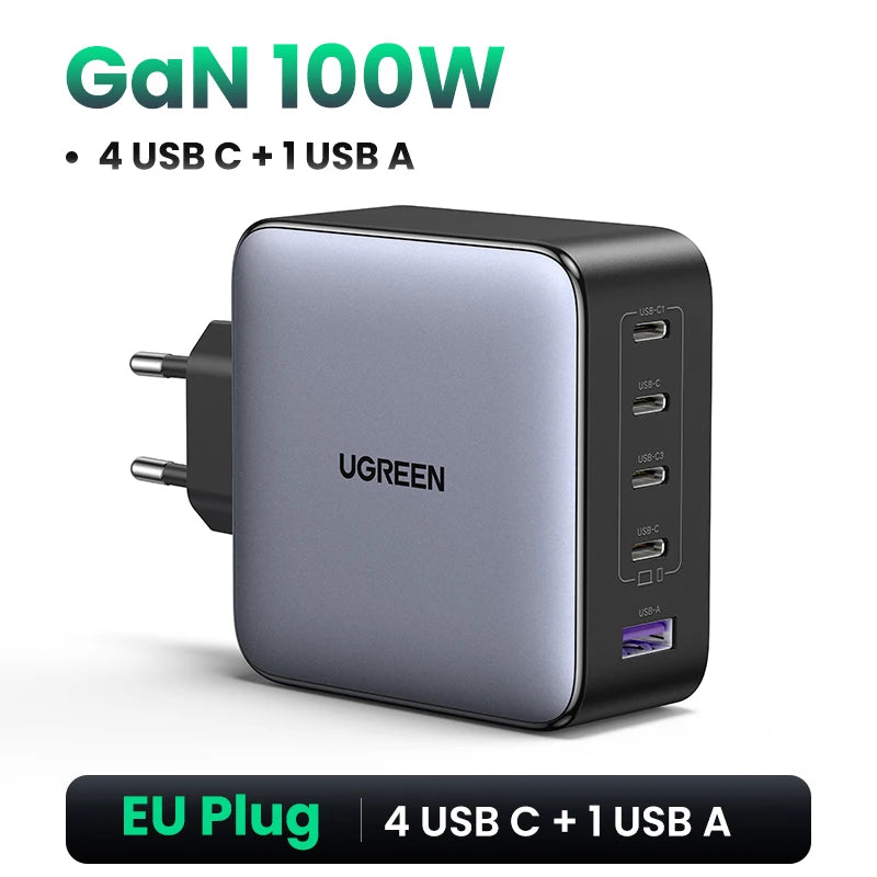 Cargador UGREEN GaN de 100 W con 5 puertos USB-C, QC4.0, 3.0 y PPS para MacBook Air, portátil y tableta. Cargador PDFast para iPhone 17, 16 y 15 Pro.