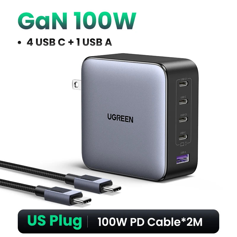 Cargador UGREEN GaN de 100 W con 5 puertos USB-C, QC4.0, 3.0 y PPS para MacBook Air, portátil y tableta. Cargador PDFast para iPhone 17, 16 y 15 Pro.