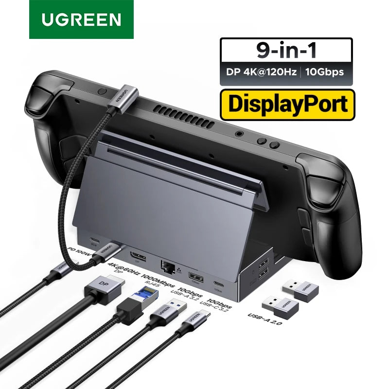 Estación de acoplamiento UGREEN Steam Deck con USB-C de 10 Gbps a DisplayPort 4K 120 Hz, Gigabit RJ45, PD100W y lector de tarjetas TF/SD para PC, iPad, ROG Ally/X, Legion Go