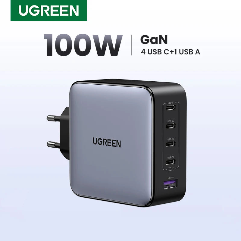 Cargador UGREEN GaN de 100 W con 5 puertos USB-C, QC4.0, 3.0 y PPS para MacBook Air, portátil y tableta. Cargador PDFast para iPhone 17, 16 y 15 Pro.