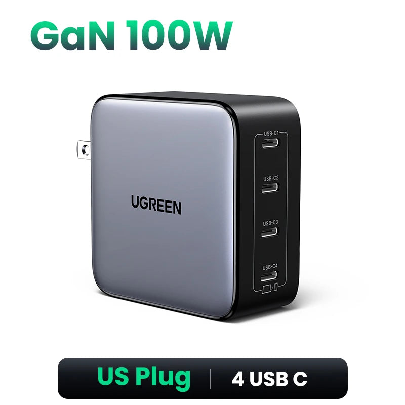 Cargador UGREEN GaN de 100 W con 5 puertos USB-C, QC4.0, 3.0 y PPS para MacBook Air, portátil y tableta. Cargador PDFast para iPhone 17, 16 y 15 Pro.