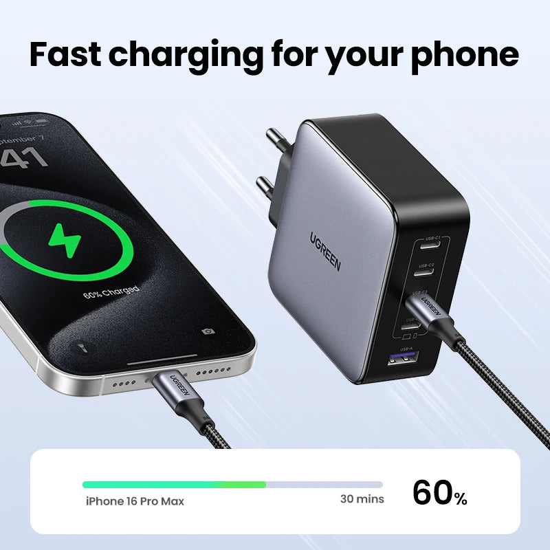 Cargador UGREEN GaN de 100 W con 5 puertos USB-C, QC4.0, 3.0 y PPS para MacBook Air, portátil y tableta. Cargador PDFast para iPhone 17, 16 y 15 Pro.
