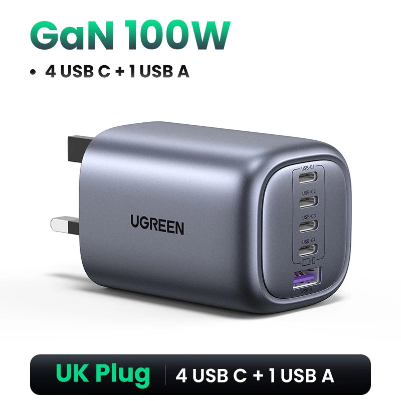 Cargador UGREEN GaN de 100 W con 5 puertos USB-C, QC4.0, 3.0 y PPS para MacBook Air, portátil y tableta. Cargador PDFast para iPhone 17, 16 y 15 Pro.