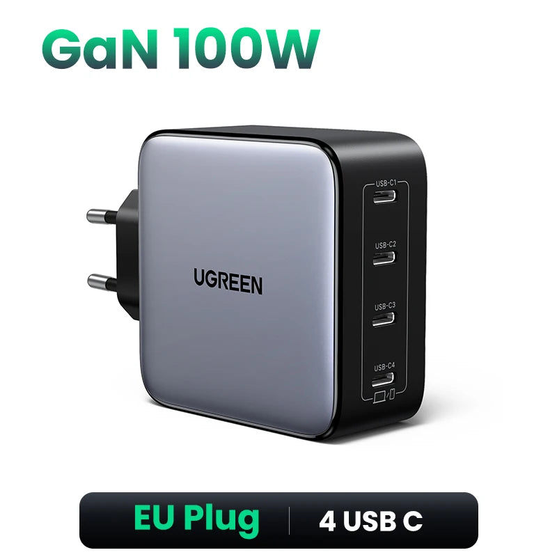 Cargador UGREEN GaN de 100 W con 5 puertos USB-C, QC4.0, 3.0 y PPS para MacBook Air, portátil y tableta. Cargador PDFast para iPhone 17, 16 y 15 Pro.