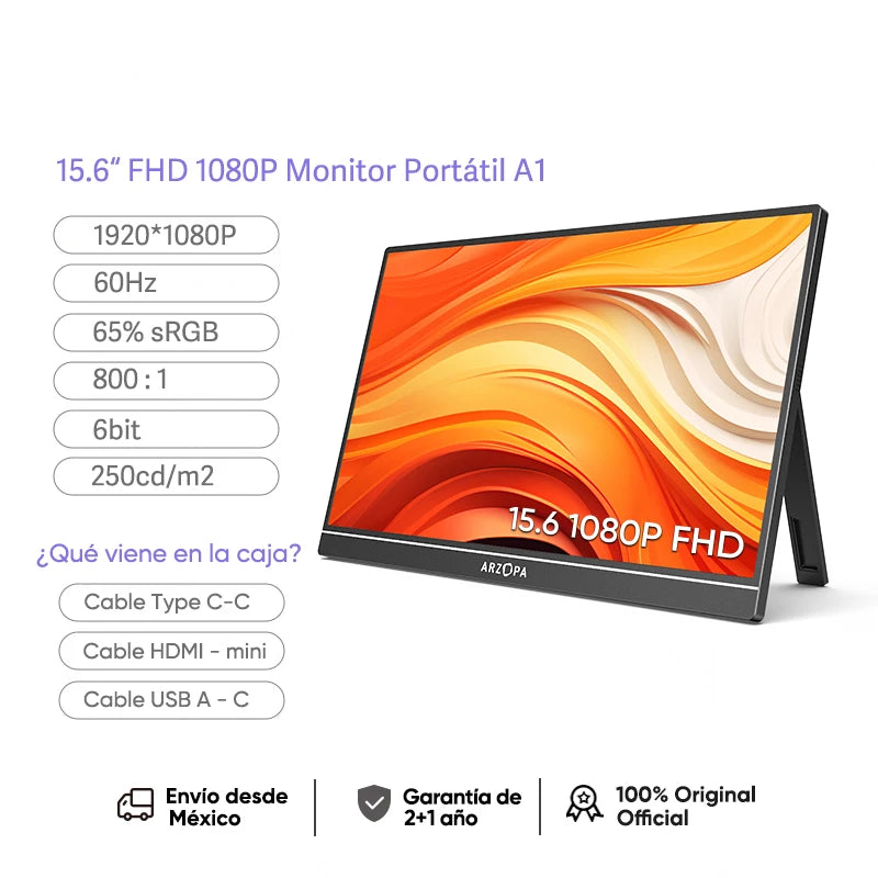 Monitor portátil ARZOPA de 15,6 pulgadas, pantalla externa FHD IPS 1080p, monitor secundario para portátil/Mac, USB-C/HDMI, A1